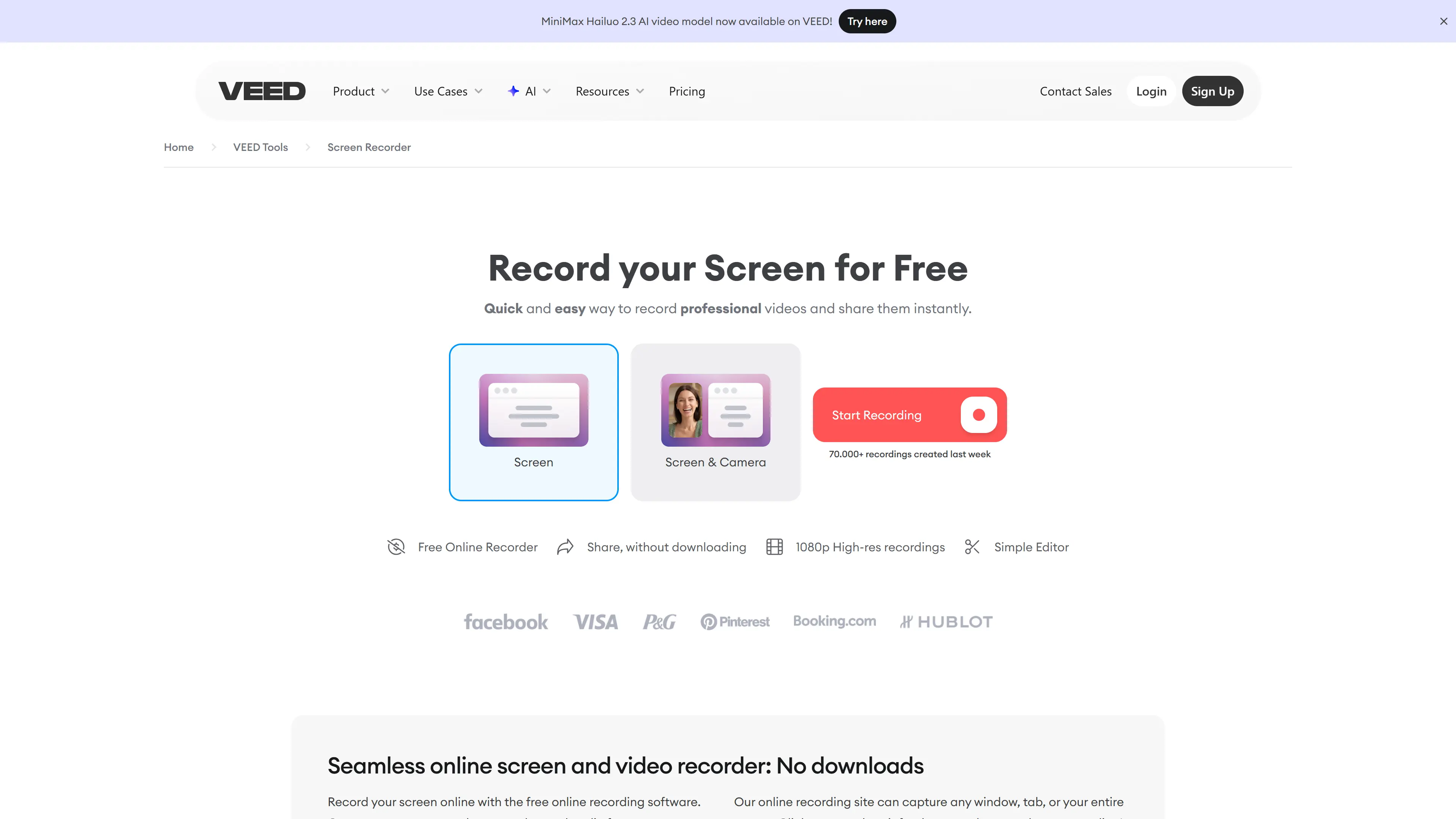 Veed.io showing 10 minute monthly recording limit warning