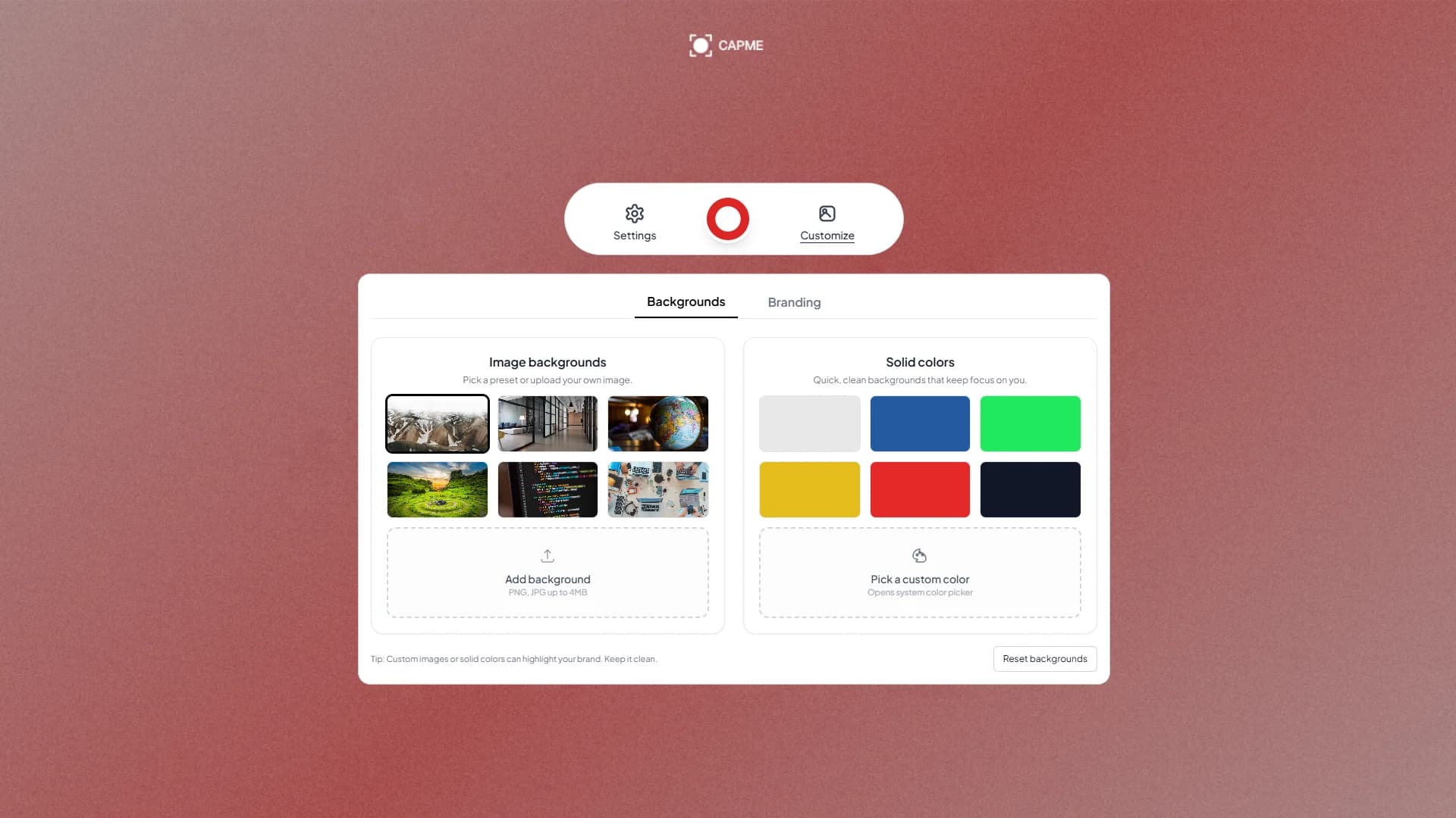Capme logo upload and text overlay interface showing custom branding controls