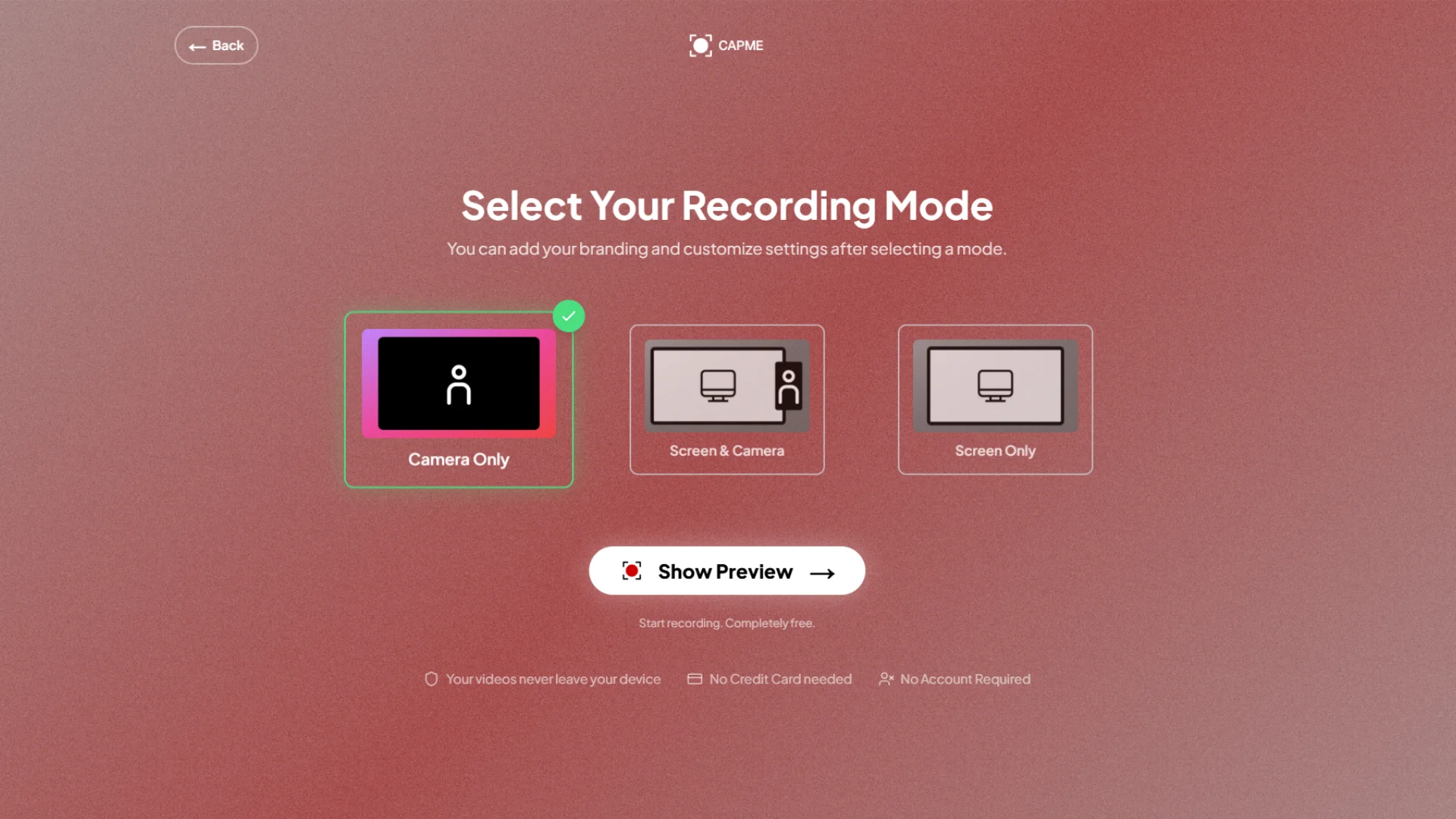 Capme recording modes selector showing screen only, webcam only, and screen + webcam options