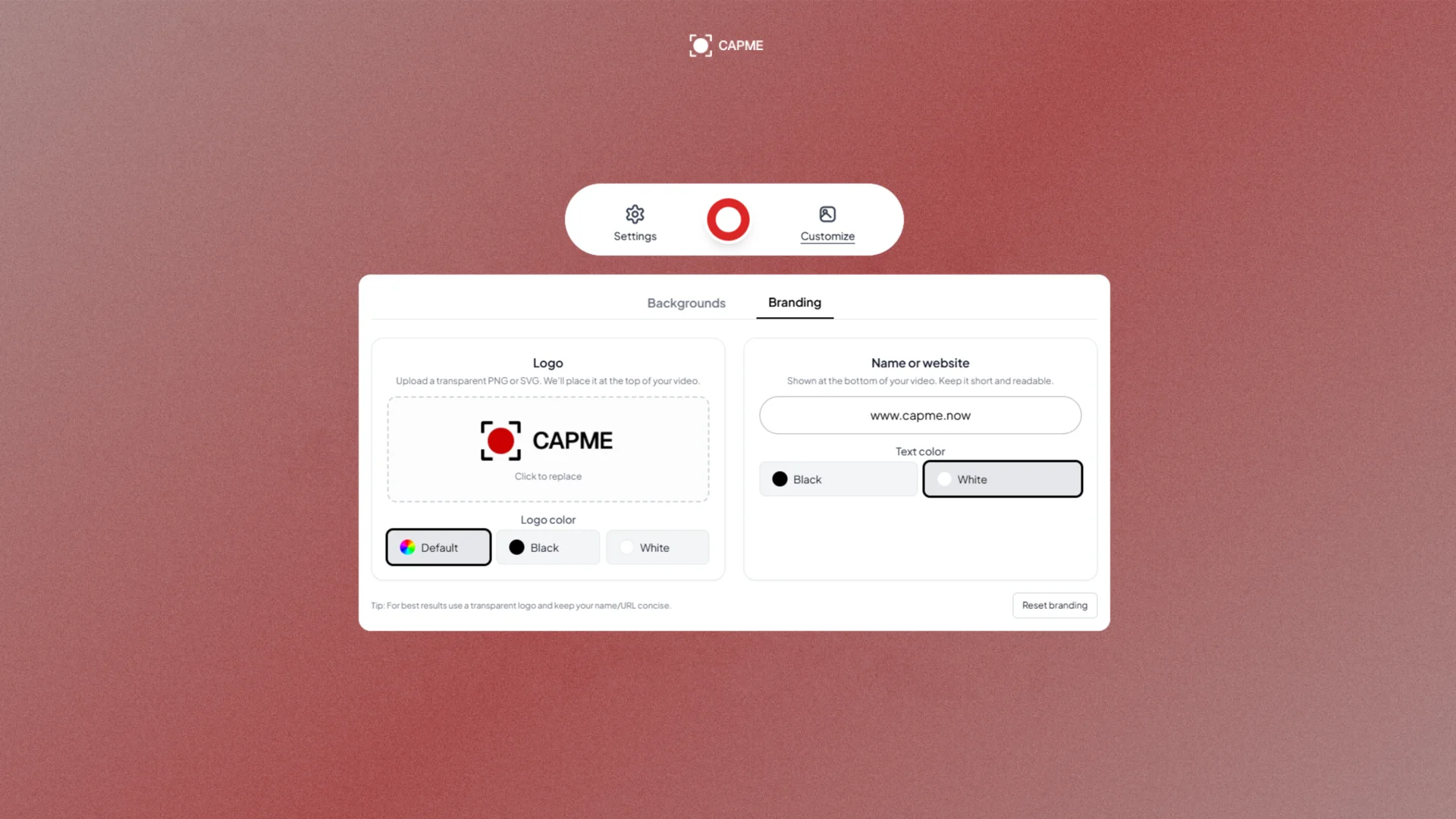 Capme branding interface overview showing how easy it is to add custom branding